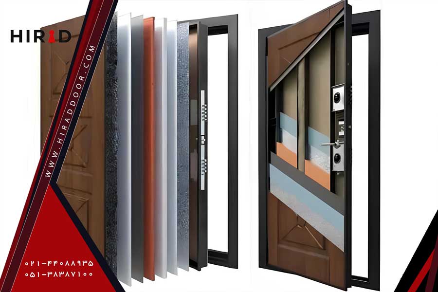 تصویر مقطعی برش خورده از یک درب ضد سرقت و لایه&zwnj;های تشکیل دهنده درب